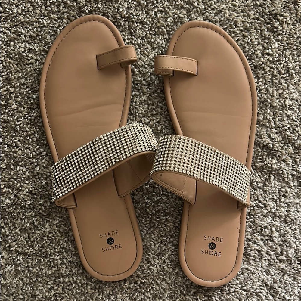 Shade & Shore Tan Sandals with Rhinestone Strap